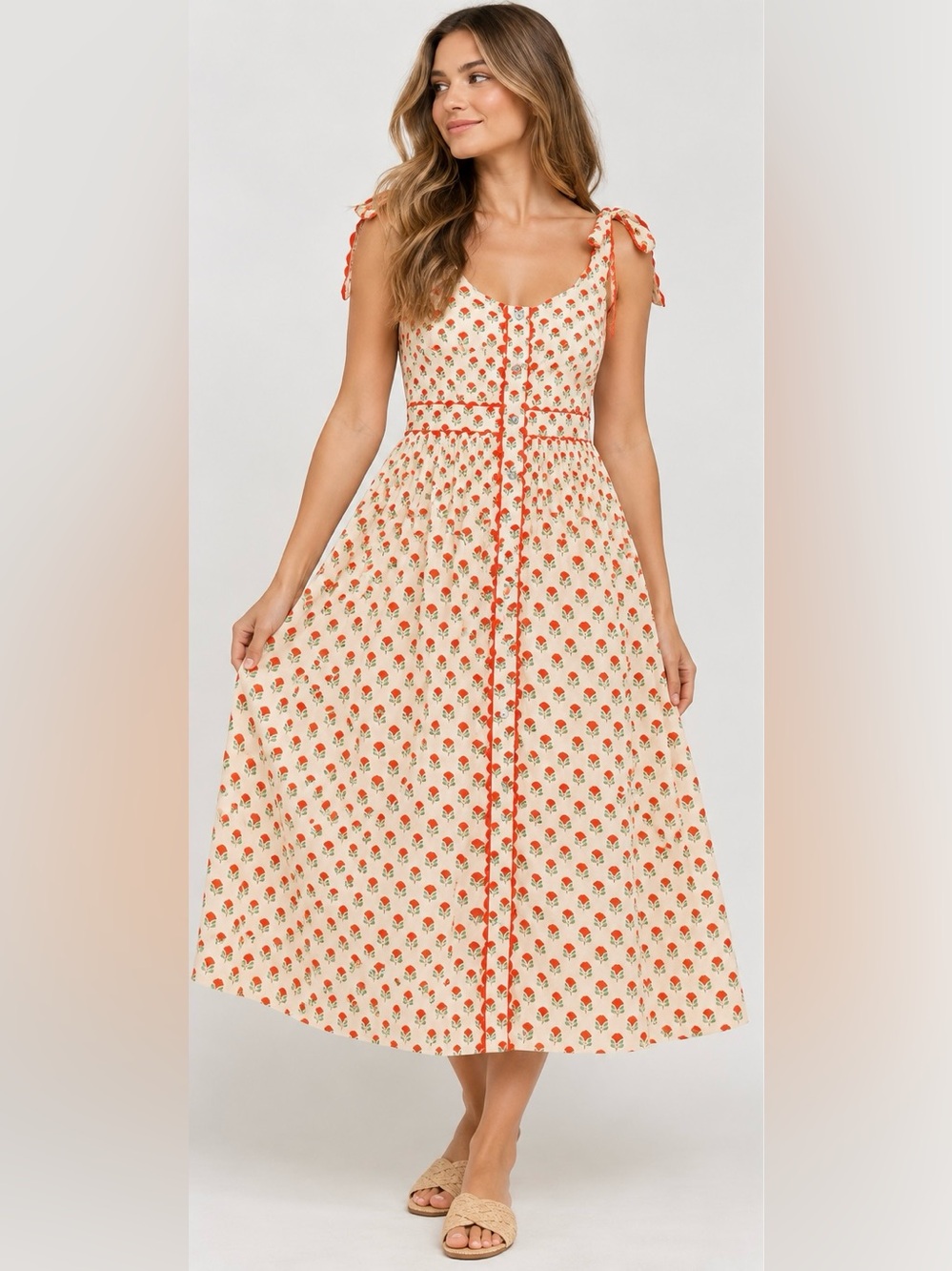Entro Floral Button Front Midi Dress Tie Strap Cottagecore Small NWOT